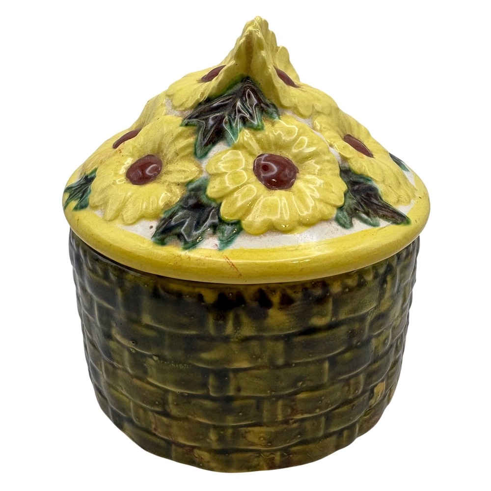 Vintage Cooks Club Sunflower Basket Weave Cookie Jar Retro 70s Country Kitchen